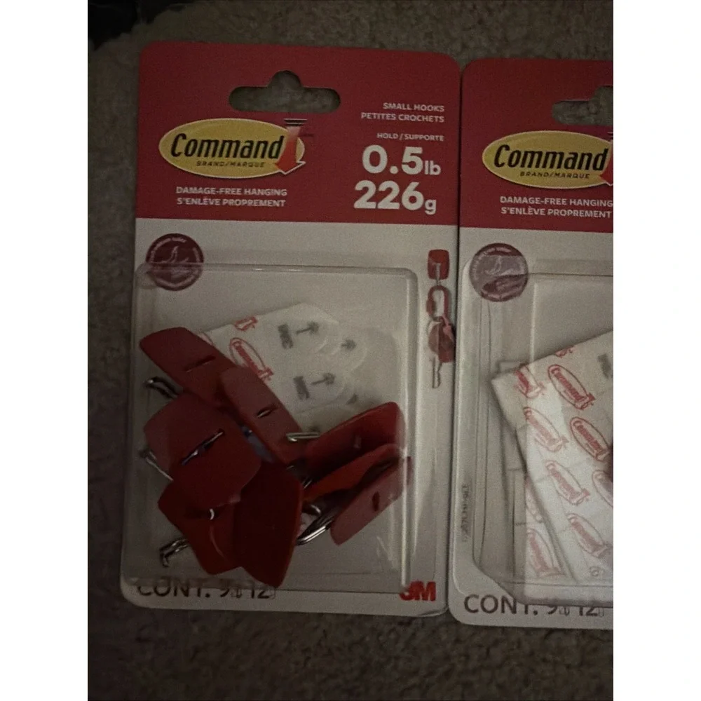 3M Command Red Small Wire Hooks -9 Hooks, 12 Strips - holds .5lbs Lot of 3